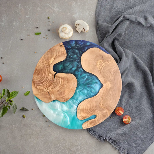 Azure Drift – Handmade Olive Wood & Epoxy Resin Round Serving Board KitchenResinArt