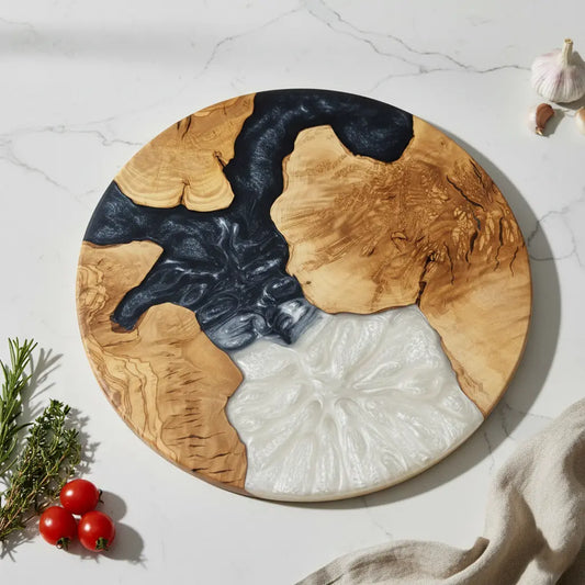 Obsidian Pearl – Handmade Olive Wood & Epoxy Resin Round Serving Board KitchenResinArt
