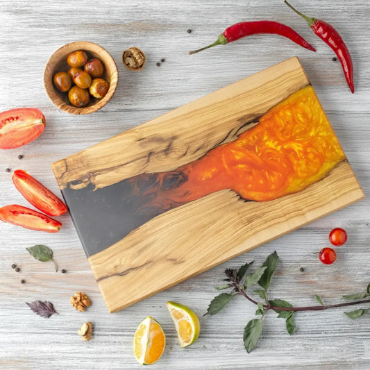 Molten Amber – Handcrafted Olive Wood and Epoxy Resin Charcuterie Board KitchenResinArt
