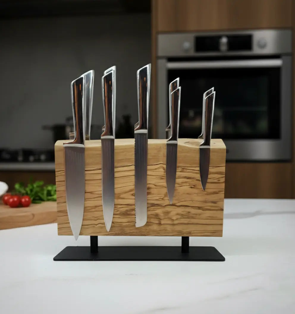 Olive Wood Magnetic Knife Holder with Metal Stand KitchenResinArt