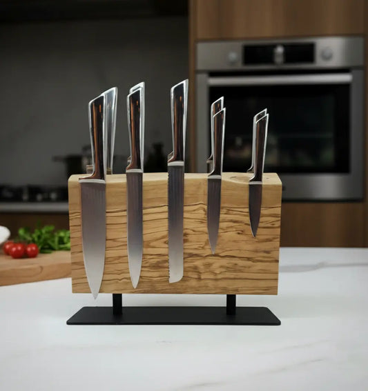 Olive Wood Magnetic Knife Holder with Metal Stand KitchenResinArt