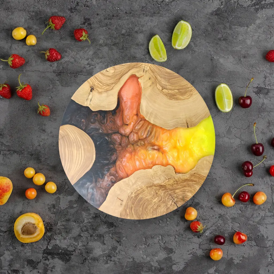 Volcanic Sun – Handmade Olive Wood & Epoxy Resin Round Serving Board KitchenResinArt