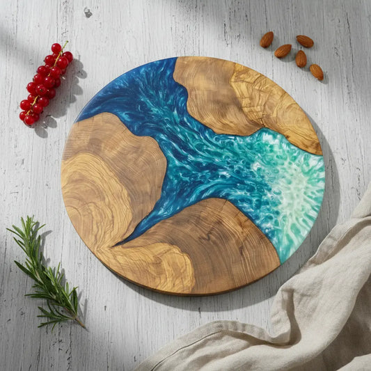 Azure Shore – Handmade Olive Wood & Epoxy Resin Round Serving Board KitchenResinArt