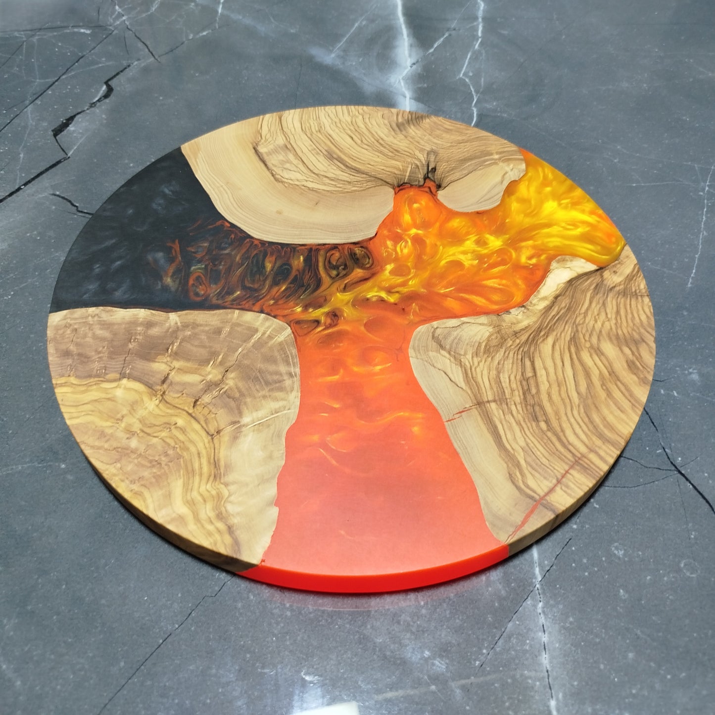 Amber Current – Handmade Olive Wood & Epoxy Resin Round Serving Board