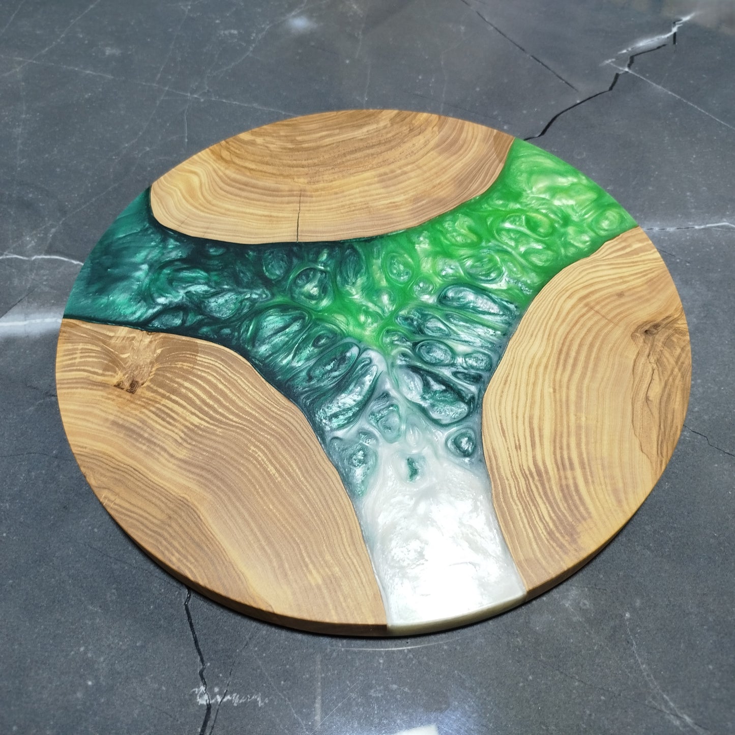 Emerald Cascade – Handmade Olive Wood & Epoxy Resin Round Serving Board