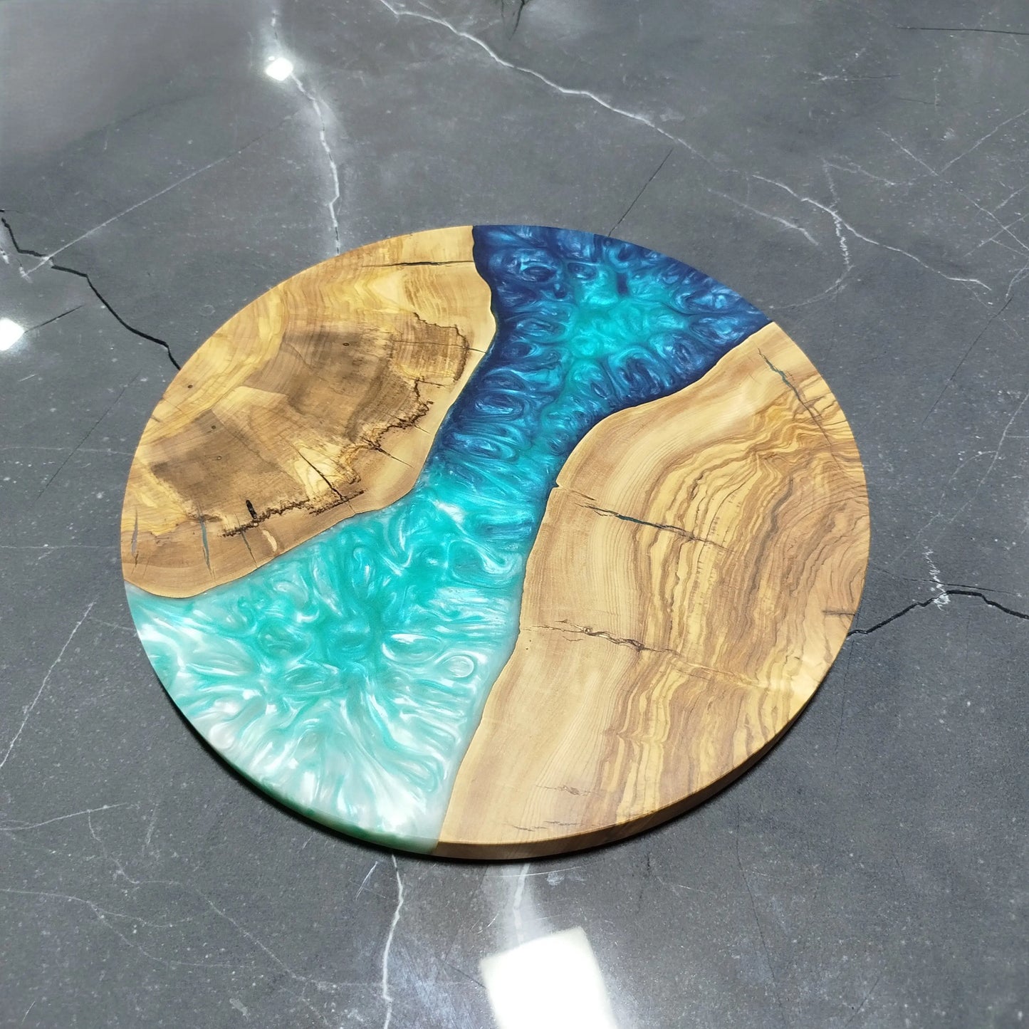 Ocean Passage – Handmade Olive Wood & Epoxy Resin Round Serving Board KitchenResinArt