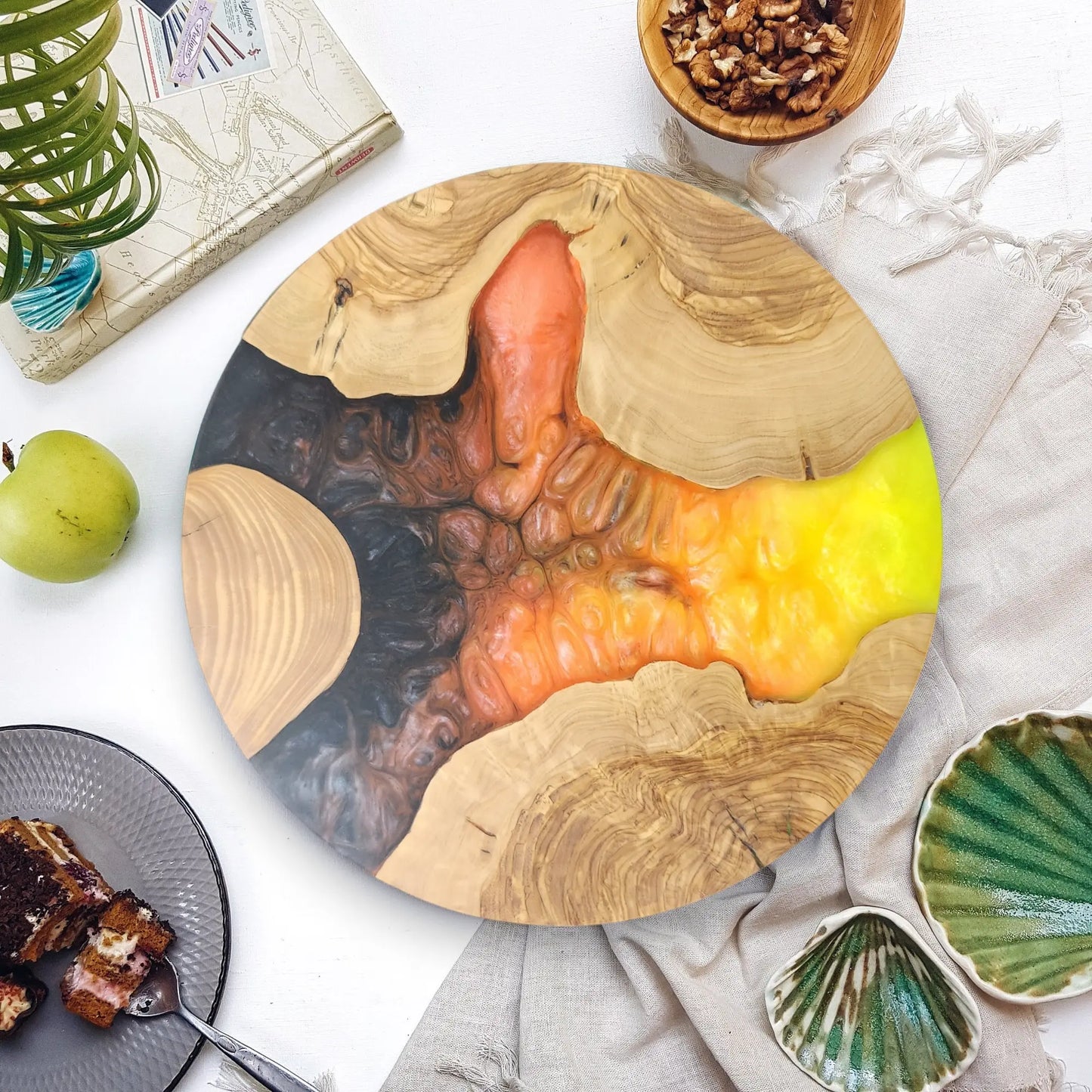 Volcanic Sun – Handmade Olive Wood & Epoxy Resin Round Serving Board KitchenResinArt