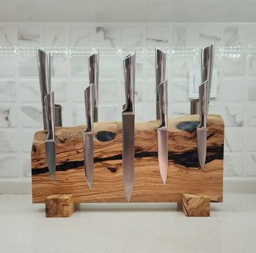 Handcrafted Olive Wood Magnetic Knife Stand with Epoxy Resin KitchenResinArt