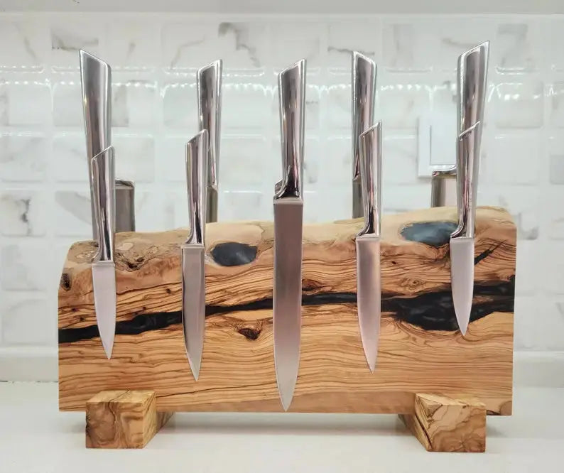 Handcrafted Olive Wood Magnetic Knife Stand with Epoxy Resin KitchenResinArt