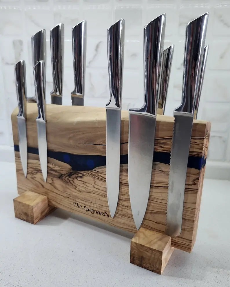 Olive Wood and Epoxy Resin Magnetic Knife Stand KitchenResinArt