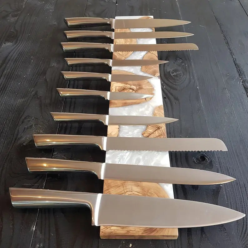 White Resin and Olive Wood Magnetic Knife Holder KitchenResinArt