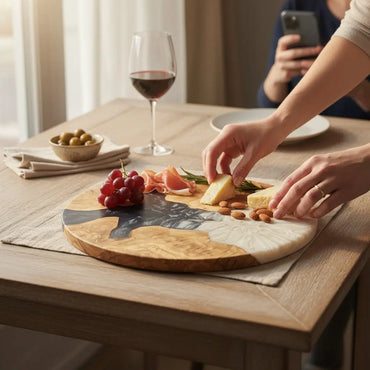 Obsidian Pearl – Handmade Olive Wood & Epoxy Resin Round Serving Board KitchenResinArt