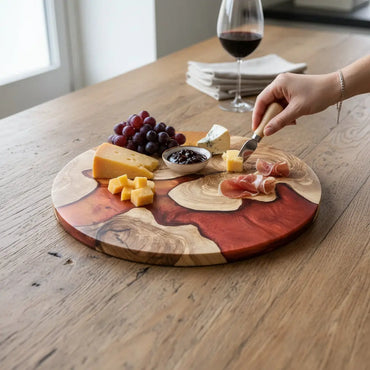 Ember Flow – Handmade Olive Wood & Epoxy Resin Round Serving Board KitchenResinArt