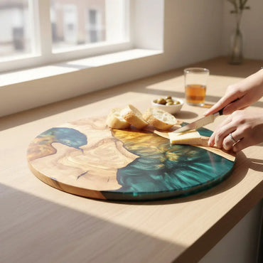 Golden Tide – Round Olive Wood & Emerald Resin Serving Board KitchenResinArt