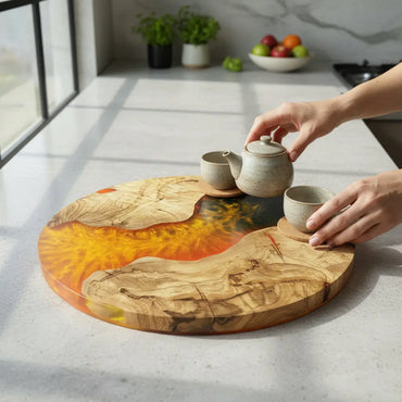 Golden Inferno – Handmade Olive Wood & Epoxy Resin Round Serving Board KitchenResinArt
