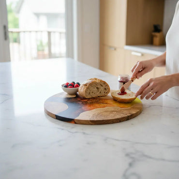 Volcanic Sun – Handmade Olive Wood & Epoxy Resin Round Serving Board KitchenResinArt