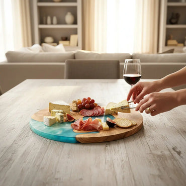 Azure Drift – Handmade Olive Wood & Epoxy Resin Round Serving Board KitchenResinArt