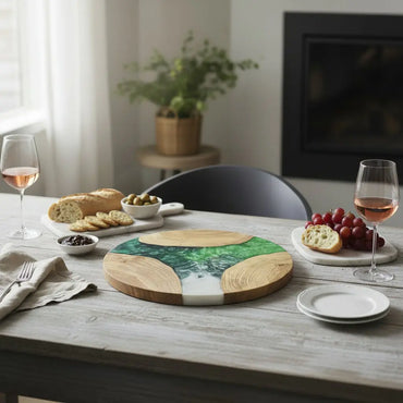 Emerald Cascade – Handmade Olive Wood & Epoxy Resin Round Serving Board KitchenResinArt