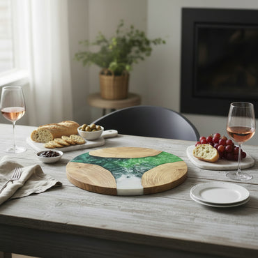 Emerald Cascade – Handmade Olive Wood & Epoxy Resin Round Serving Board