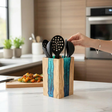 Resin and Olive Wood Utensil Holder KitchenResinArt