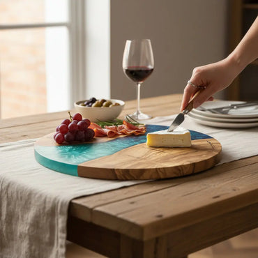 Ocean Passage – Handmade Olive Wood & Epoxy Resin Round Serving Board KitchenResinArt