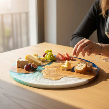Azure Coast – Round Olive Wood & Ocean Blue Epoxy Serving Board KitchenResinArt