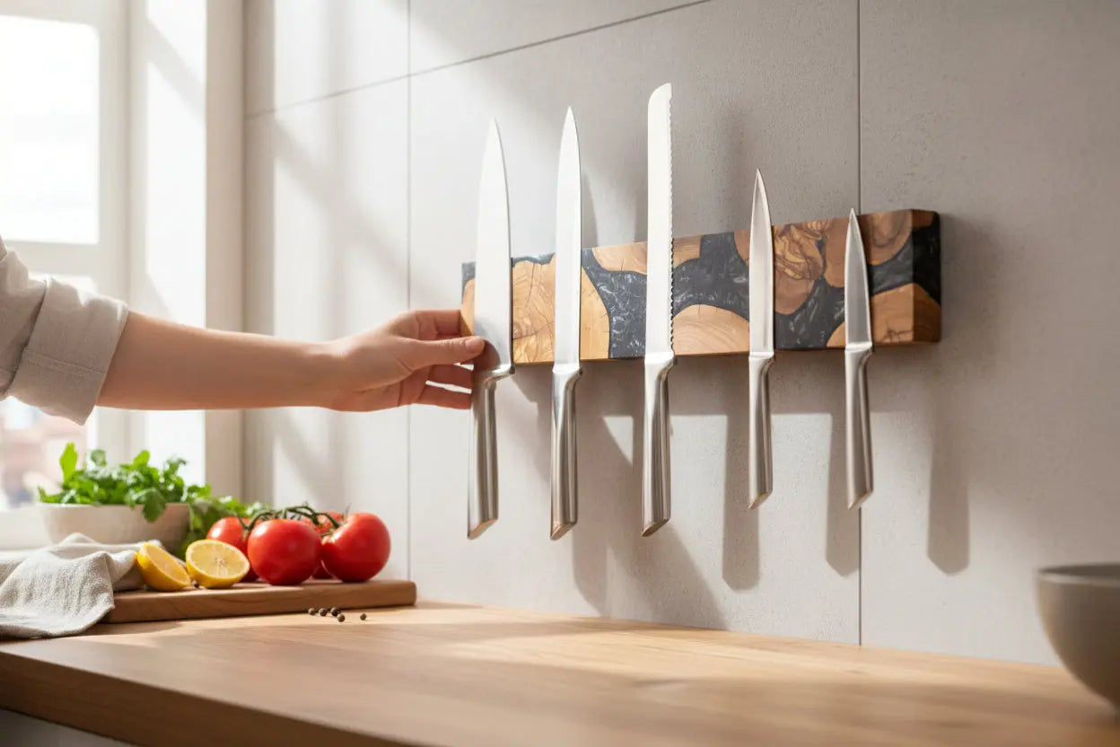Black Resin and Olive Wood Magnetic Knife Holder KitchenResinArt