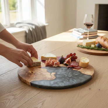 Crimson Obsidian – Handmade Olive Wood & Epoxy Resin Round Serving Board KitchenResinArt