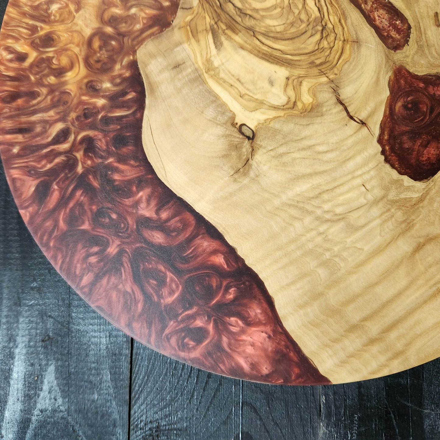 Amber Current – Round Olive Wood & Copper Epoxy Serving Board