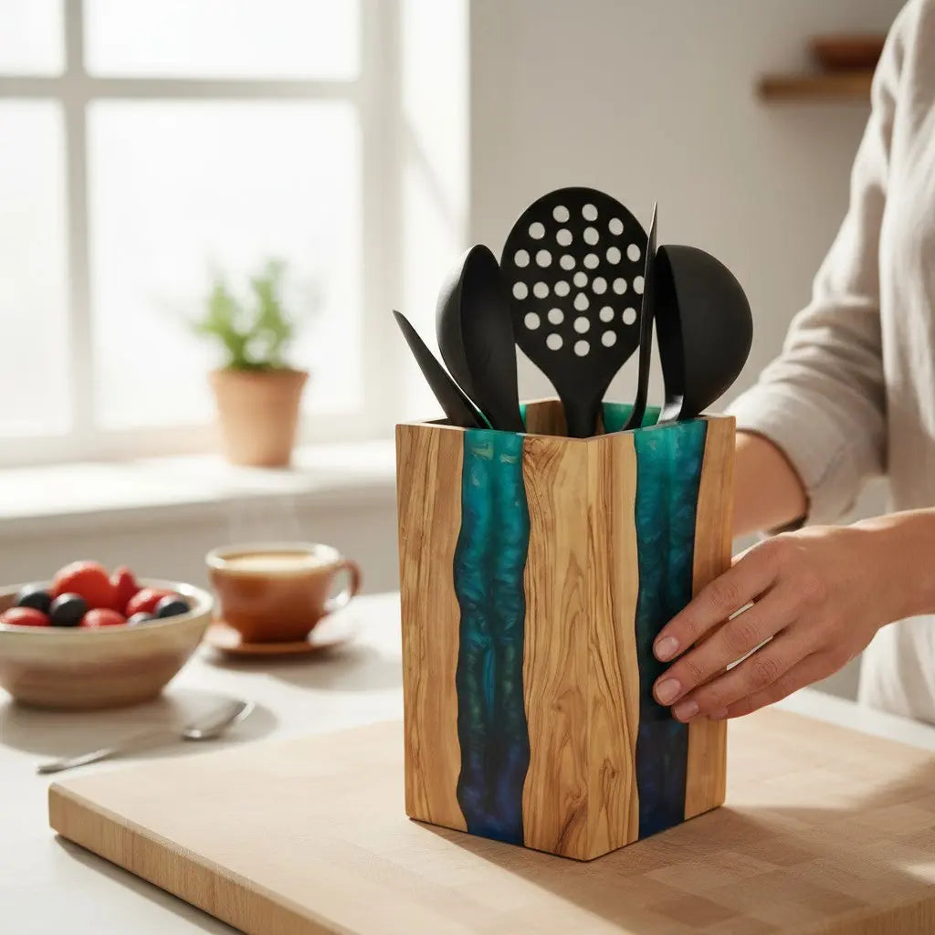 Olive Wood and Epoxy Resin Utensil Holder: Where Nature Meets Modern Kitchen Design KitchenResinArt