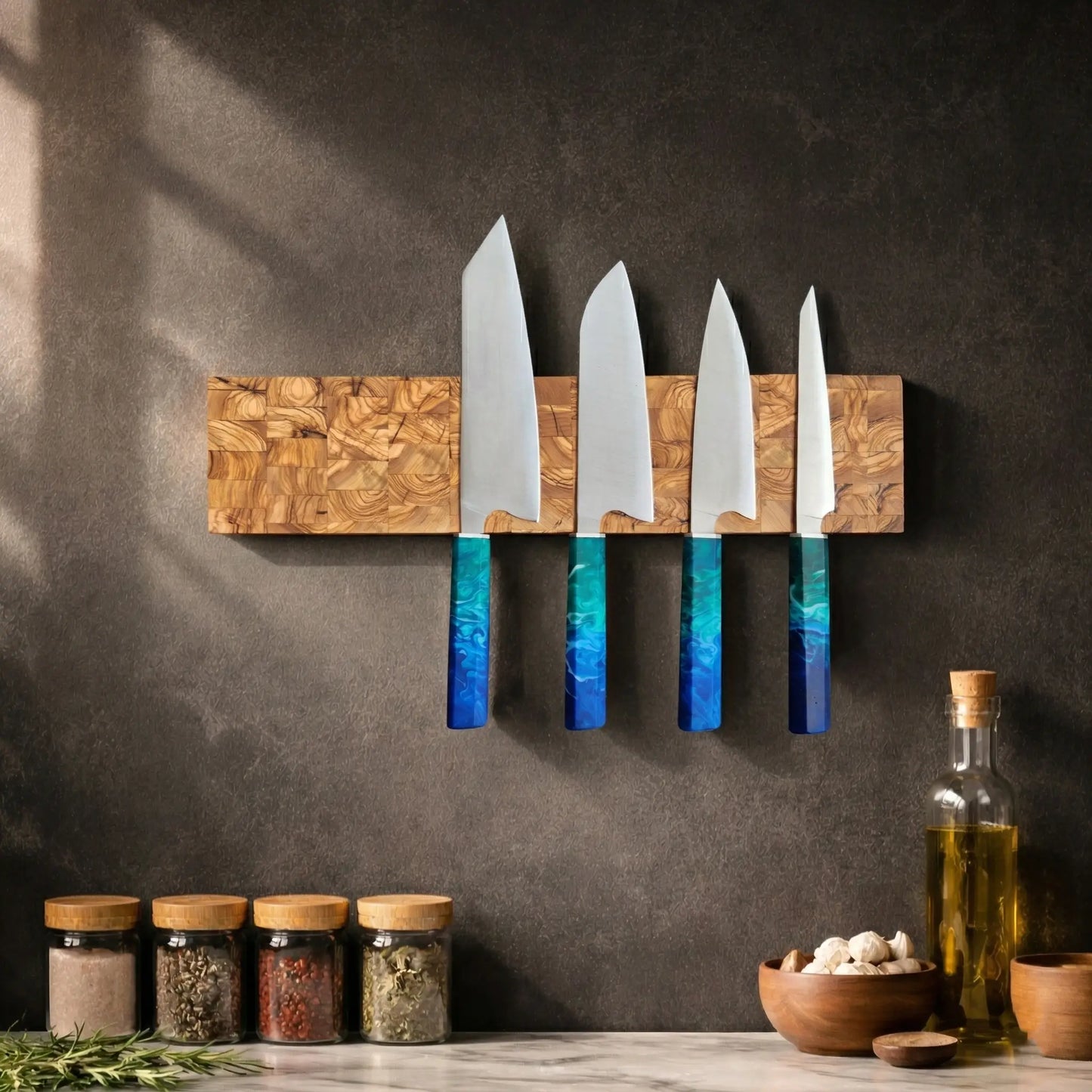 End Grain Olive Wood Magnetic Knife Holder - KitchenResinArt