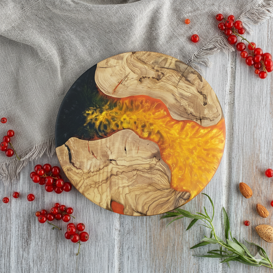 Golden Inferno – Handmade Olive Wood & Epoxy Resin Round Serving Board