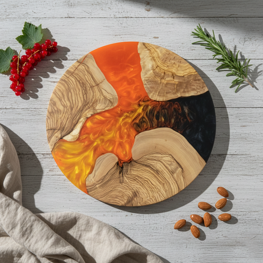 Amber Current – Handmade Olive Wood & Epoxy Resin Round Serving Board