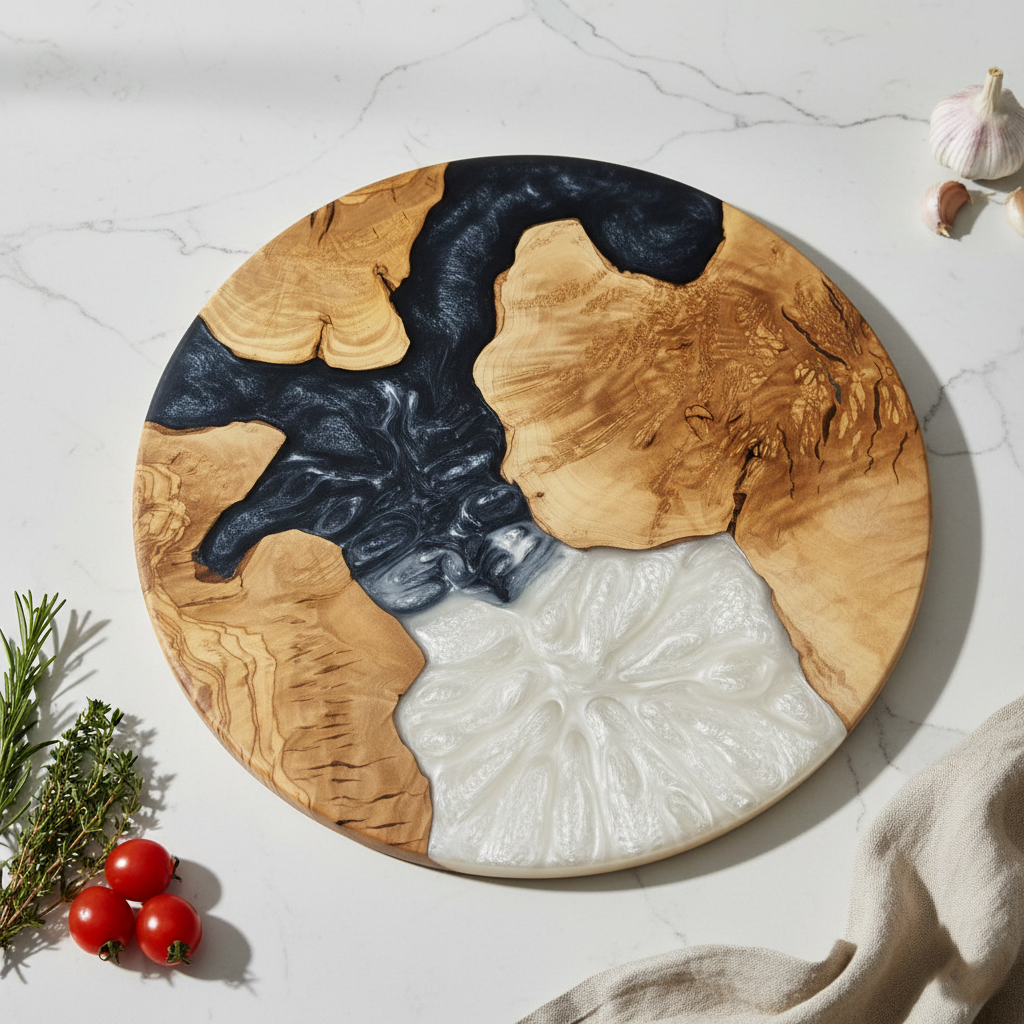 Obsidian Pearl – Handmade Olive Wood & Epoxy Resin Round Serving Board