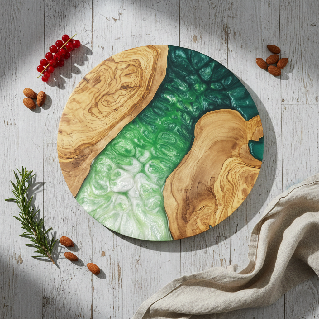Emerald Veil – Handmade Olive Wood & Epoxy Resin Round Serving Board