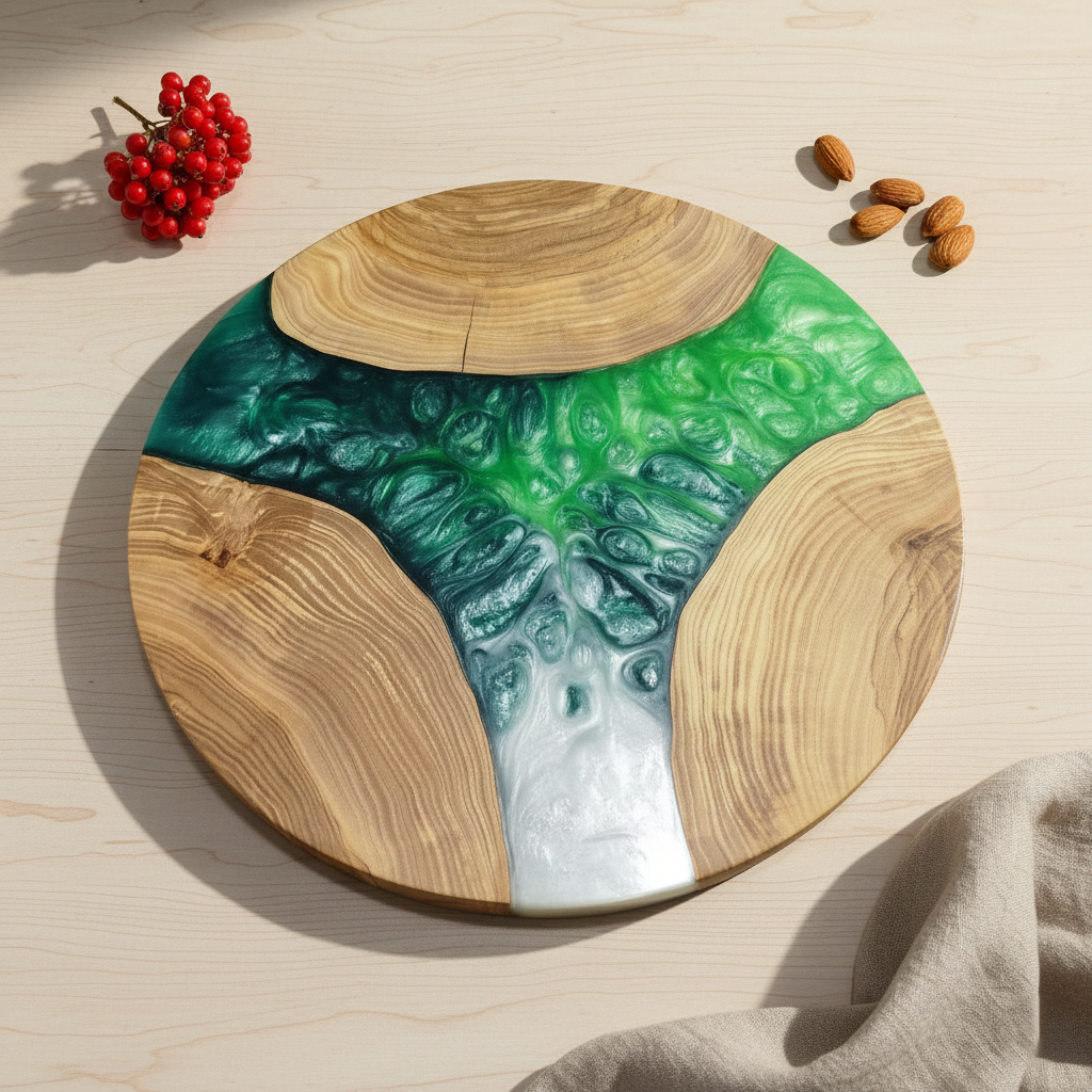 Emerald Cascade – Handmade Olive Wood & Epoxy Resin Round Serving Board