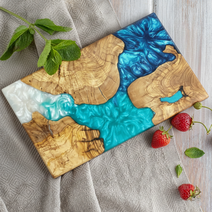 Ocean Trinity – Handcrafted Olive Wood and Epoxy Resin Charcuterie Board