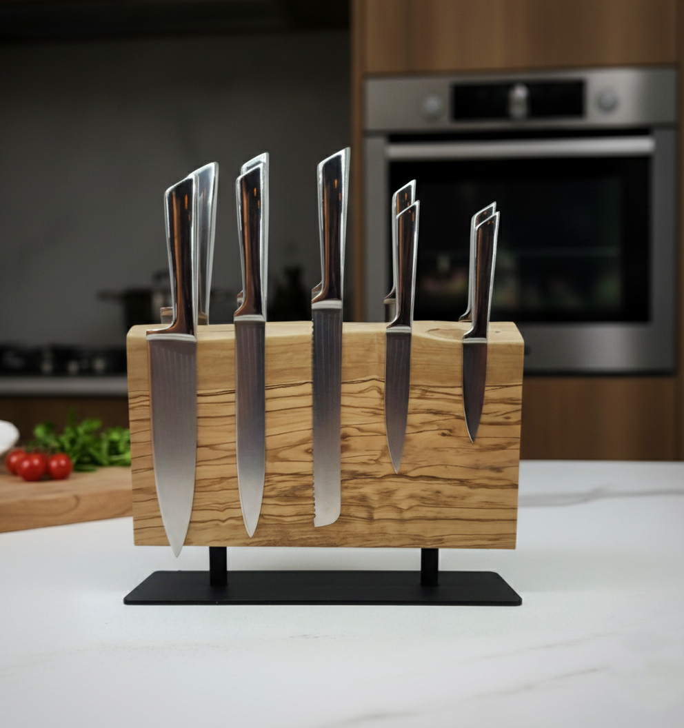 Olive Wood Magnetic Knife Holder with Metal Stand