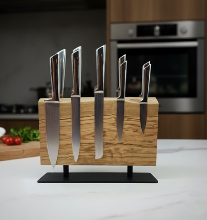 Olive Wood Magnetic Knife Holder with Metal Stand
