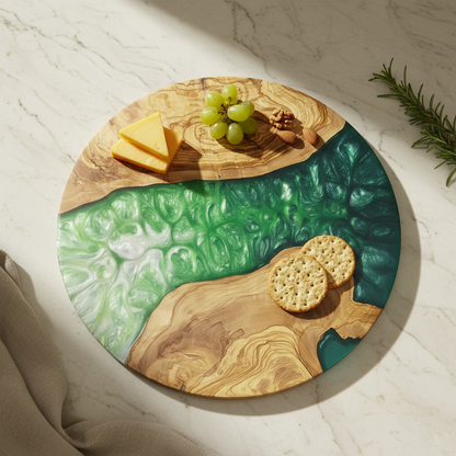 Emerald Veil – Handmade Olive Wood & Epoxy Resin Round Serving Board