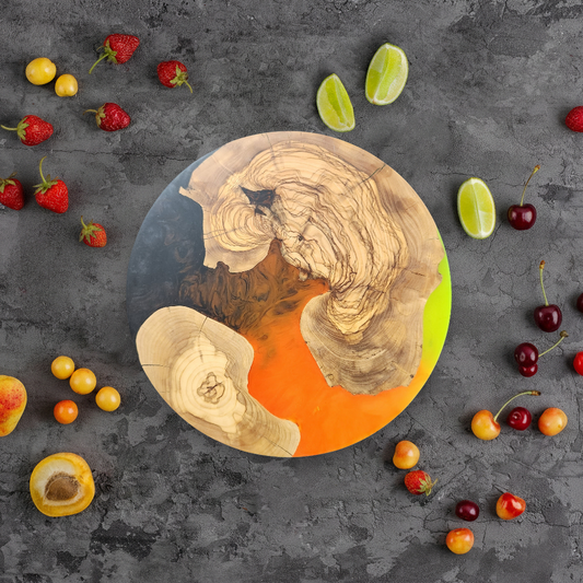 Neon Ember – Handmade Olive Wood & Epoxy Resin Round Serving Board
