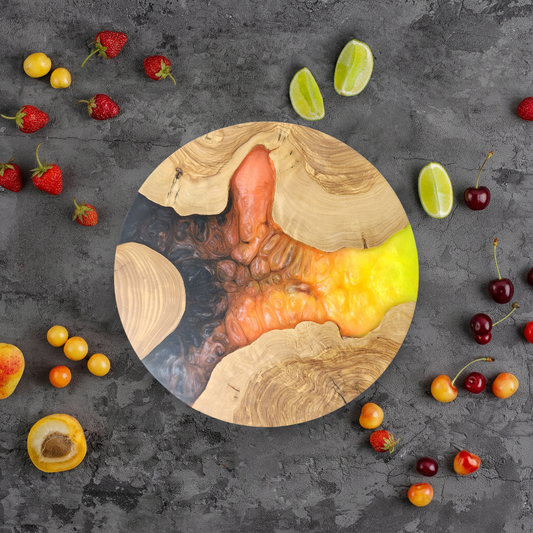 Volcanic Sun – Handmade Olive Wood & Epoxy Resin Round Serving Board