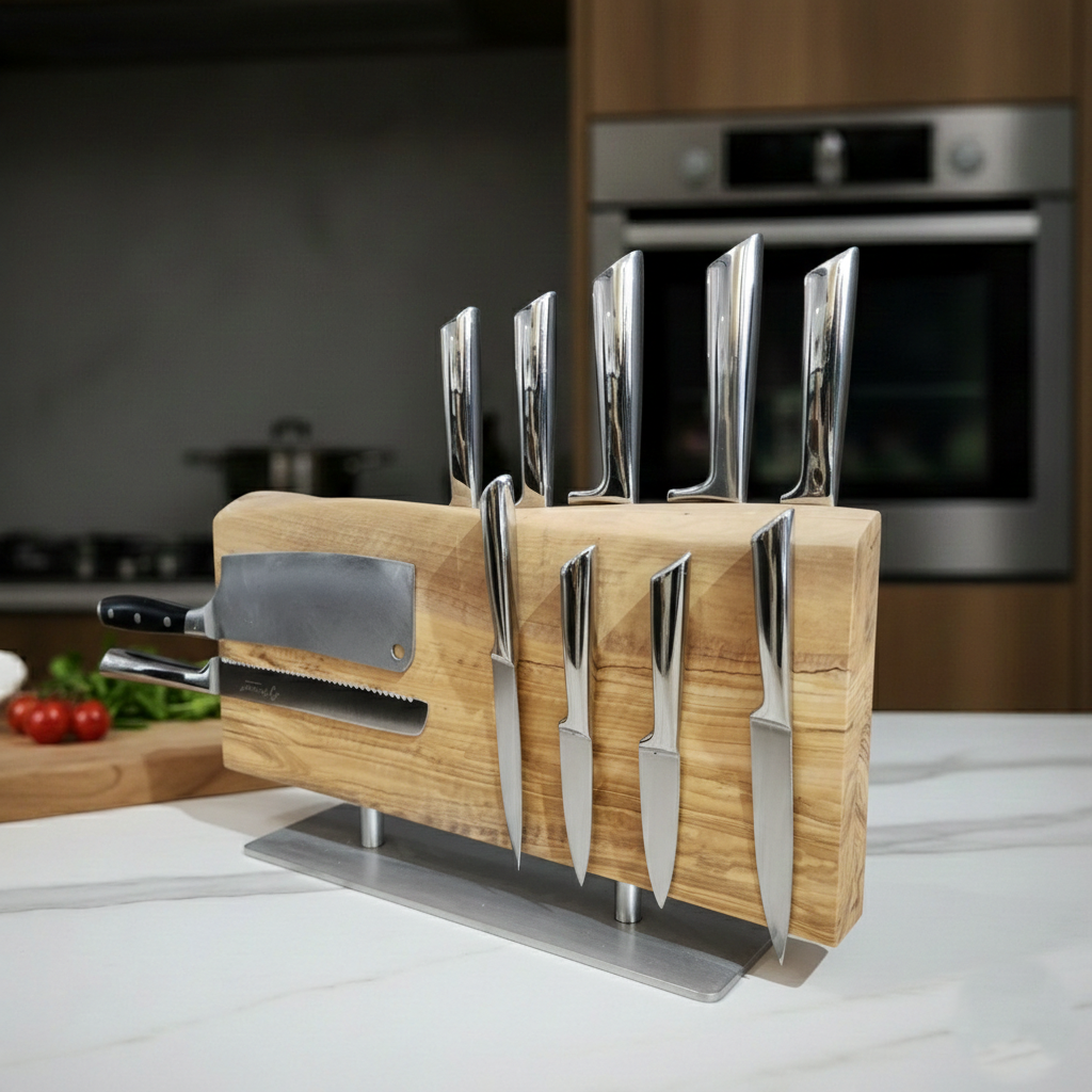Handcrafted Olive Wood Magnetic Knife Stand