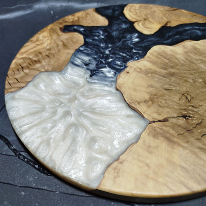 Obsidian Pearl – Handmade Olive Wood & Epoxy Resin Round Serving Board