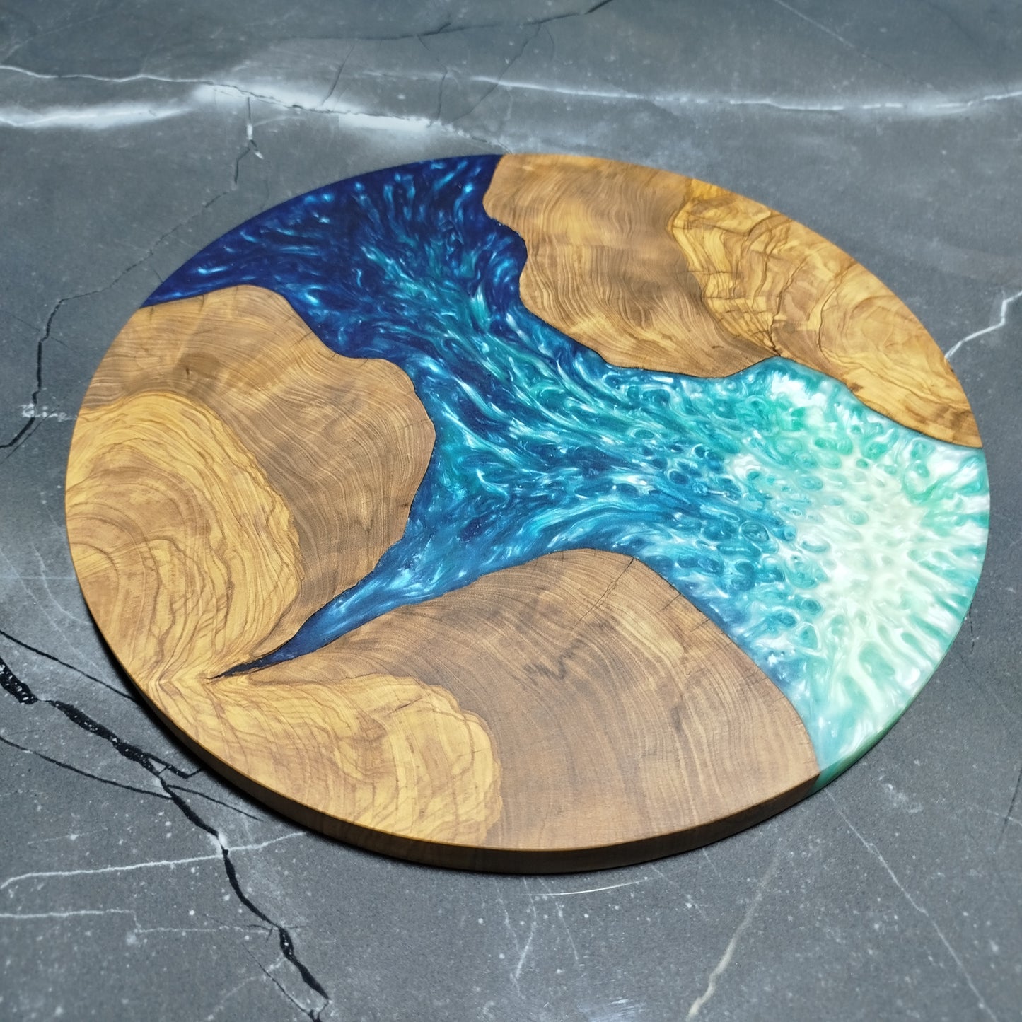 Azure Shore – Handmade Olive Wood & Epoxy Resin Round Serving Board