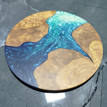 Azure Shore – Handmade Olive Wood & Epoxy Resin Round Serving Board