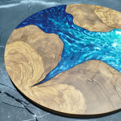 Azure Shore – Handmade Olive Wood & Epoxy Resin Round Serving Board