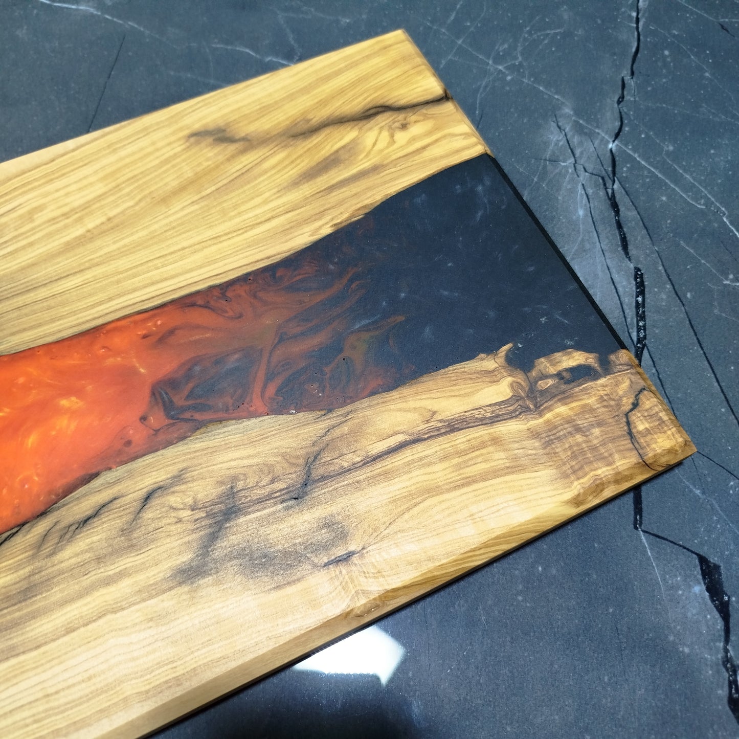 Molten Amber – Handcrafted Olive Wood and Epoxy Resin Charcuterie Board