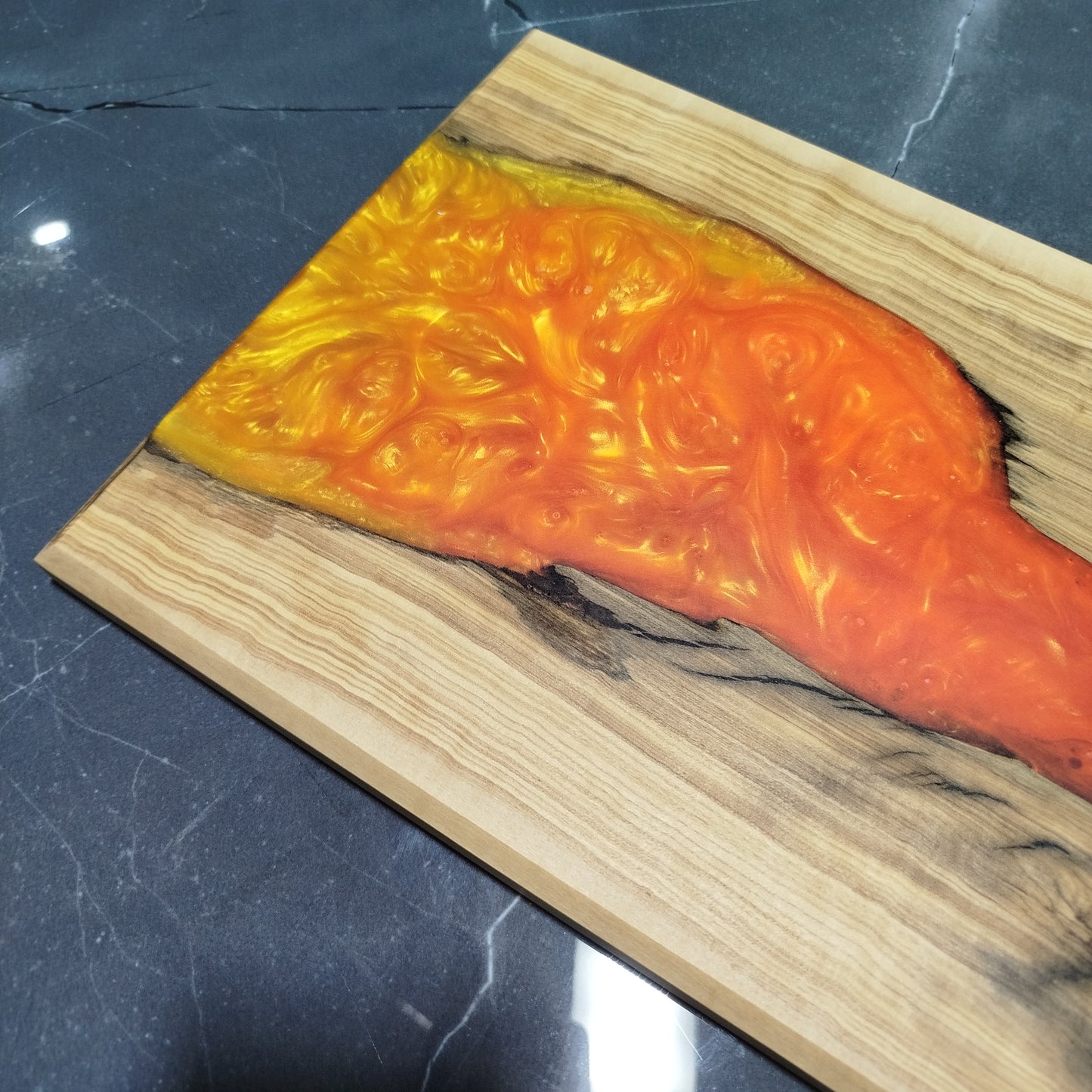 Molten Amber – Handcrafted Olive Wood and Epoxy Resin Charcuterie Board