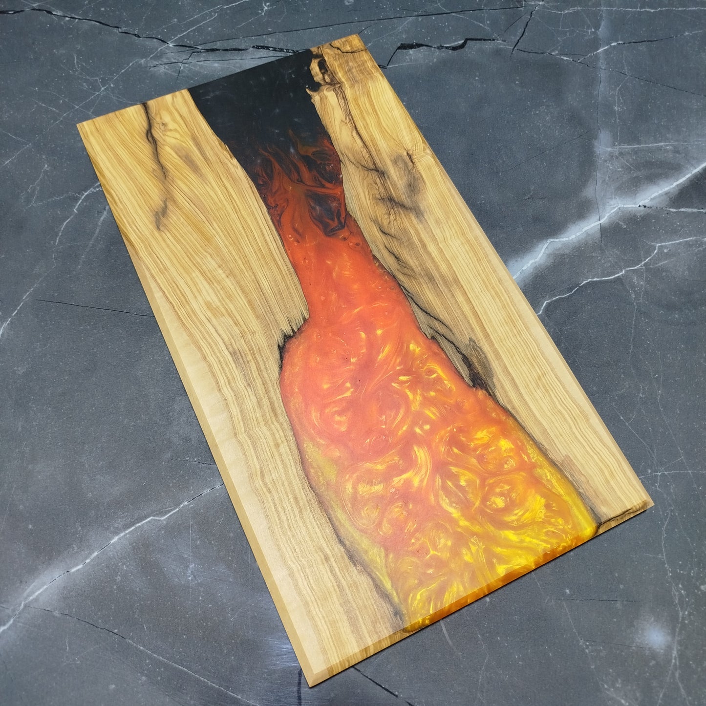 Molten Amber – Handcrafted Olive Wood and Epoxy Resin Charcuterie Board